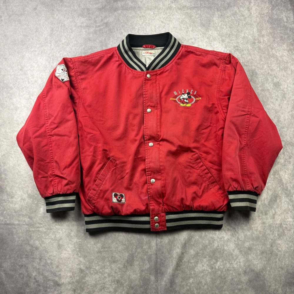 Vintage Disney Store Mickey Mouse Varsity Bomber Jacket Red Mens Medium